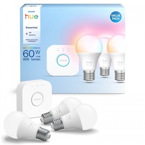 Startovací sada Philips Hue Essential Bluetooth, 8 W, E27, White and Color Ambiance (3 ks) + Bridge kit Startovací sada Philips Hue Essential Bluetooth, 8 W, E27, White and Color Ambiance (3 ks) + Bridge kit